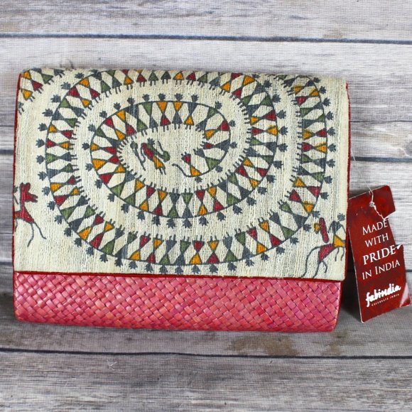 fabindia Handbags - NWT FABINDIA BRICK RED CLUTCH BAG PURSE INDIA TAN FABRIC TOP, RED BAMBOO BOTTOM